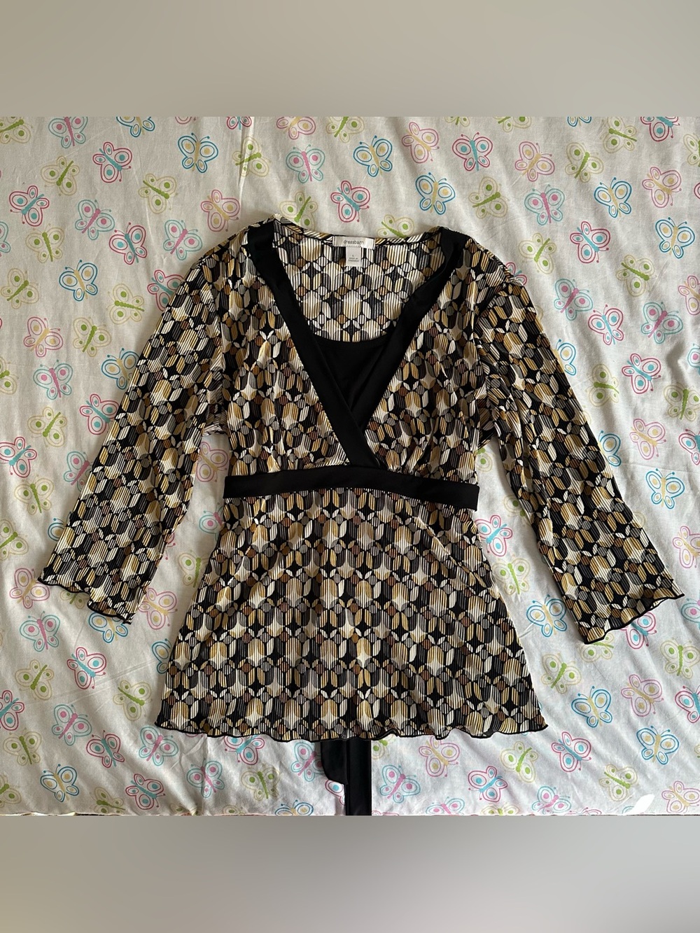 Dressbarn Y2K Black & Tan Boho Pattern Tie-Back Long-Sleeve Top - Picture 4 of 8